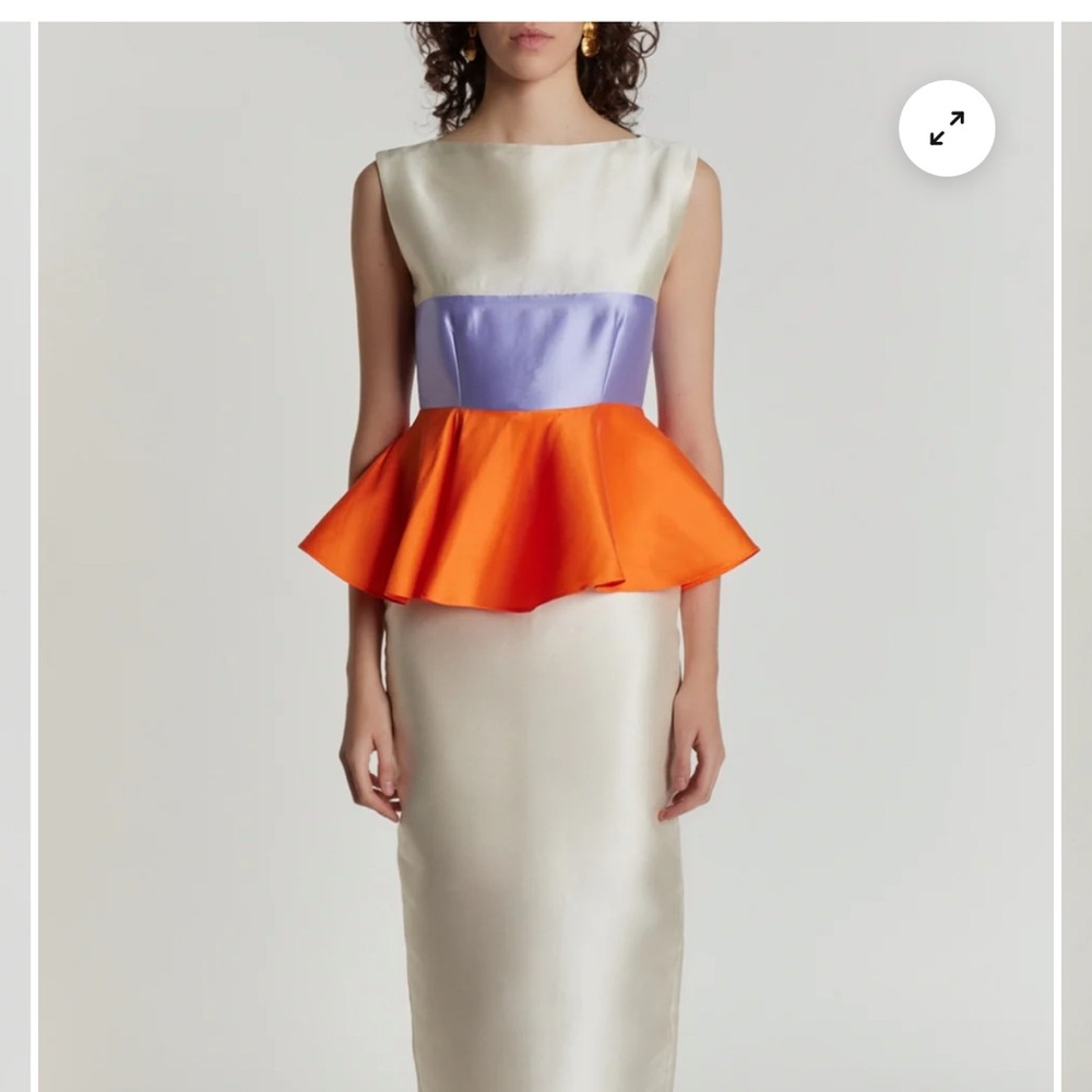 Destree Cream and Orange Peplum Ruffled Midi Cocktail Dress. Style name: Cy